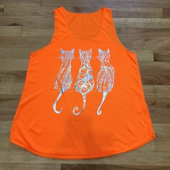 NWOT, Women Sleeveless Tank Top,100% Polyester, Orange, “3 x kitties” silkscreen - Picture 2 of 6